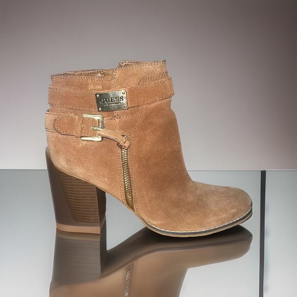 Guess Brown Leather Booties Size 9.5 Guess Logo and Buckle - Picture 1 of 9